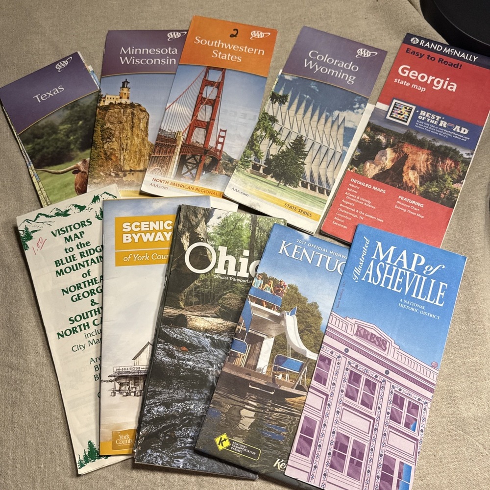 Lot‎ of 10 -Road maps several US states KY, OH, GA, TX, WY, WI +other locations